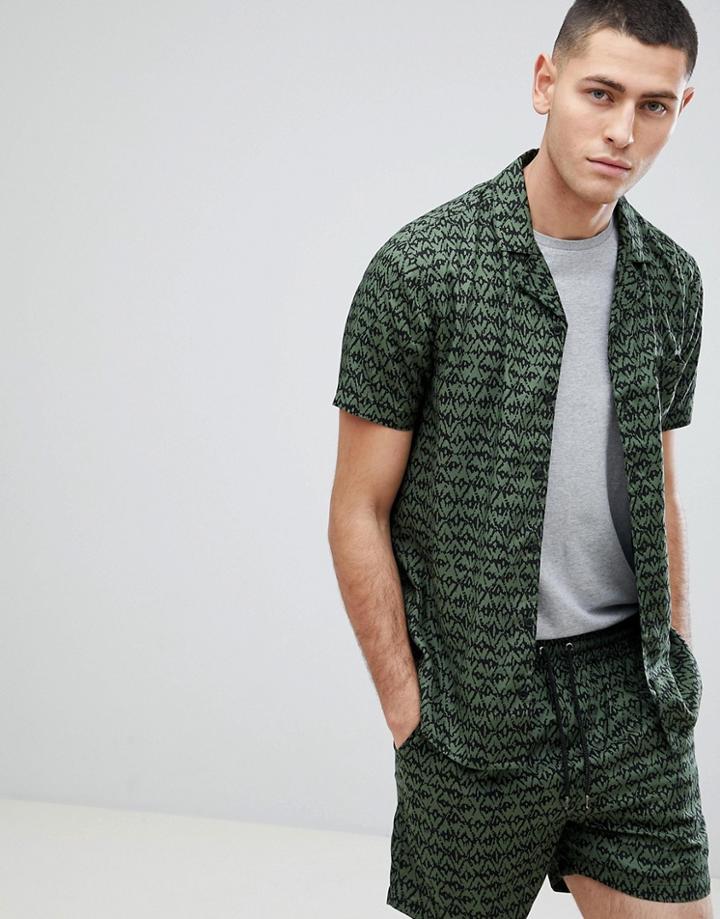 Another Influence Two-piece Khaki Print Revere Collar Short Sleeve Shirt-green