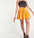 Collusion Pleated Mini Velour Skirt Set In Orange