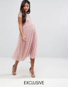 Little Mistress Maternity Short Sleeve Lace Bodice Dress With Tulle Skirt - Pink