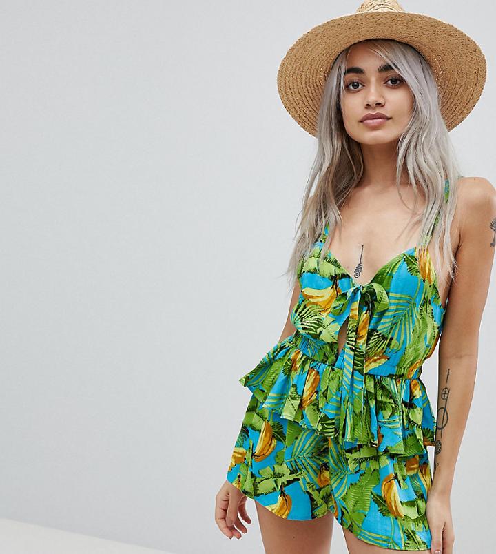 Asos Petite Fruity Tropical Print Frill Beach Romper - Multi