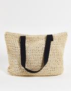 Asos Design Straw Tote Bag With Black Woven Straps-neutral
