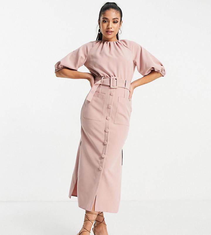 Asos Design Petite Puff Sleeve Button Through Belted Midi Dress In Rose-pink