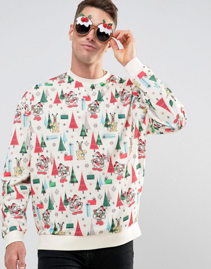 Asos Holidays Oversized Sweatshirt With All Over Mickey Print - White