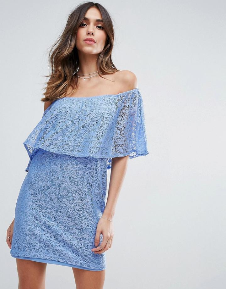 Asos Off Shoulder Lace Dress With Frill Detail - Blue