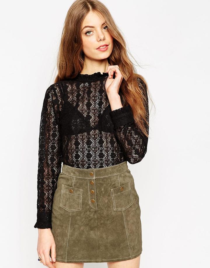 Asos Long Sleeve All Over Lace High Neck Top - Black