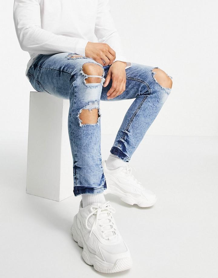Night Addict Skinny Destroyed Denim Jeans In Blue Acid Wash-blues