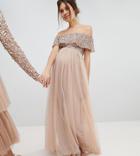 Maya Maternity Bardot Sequin Top Tulle Detail Dress With High Low Hem - Brown