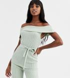 Asos Design Tall Two-piece Bardot Knitted Top With Belt - Green