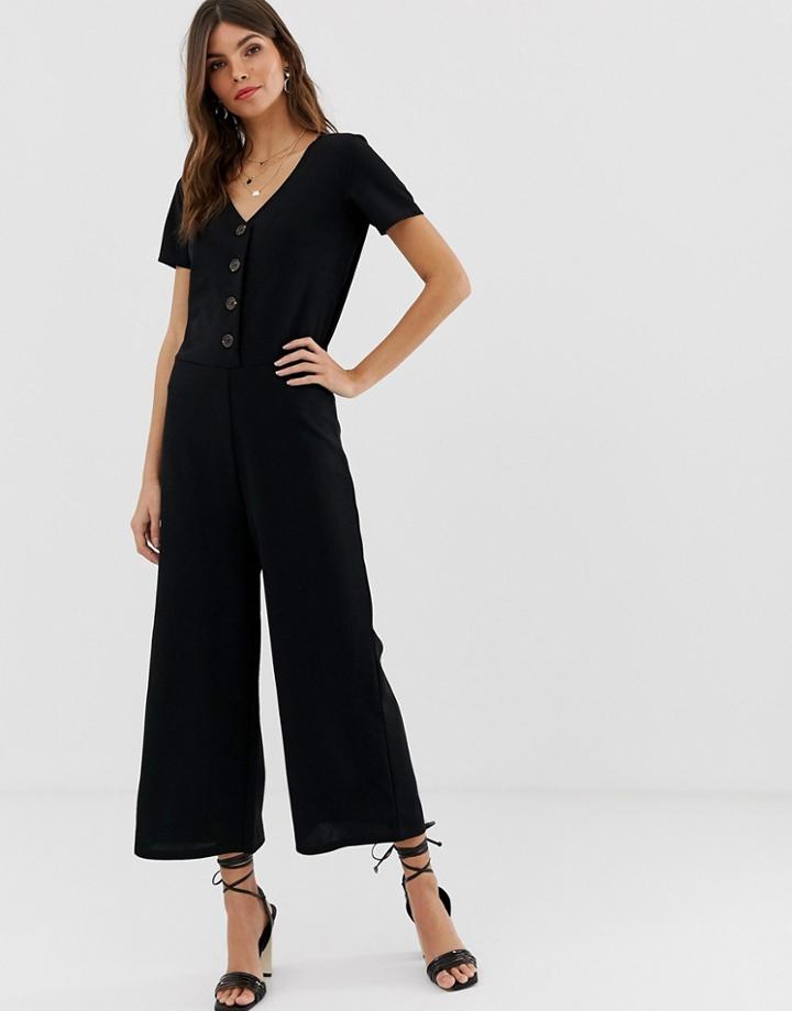Vila Button Through Short Sleeve Jumpsuit - Black