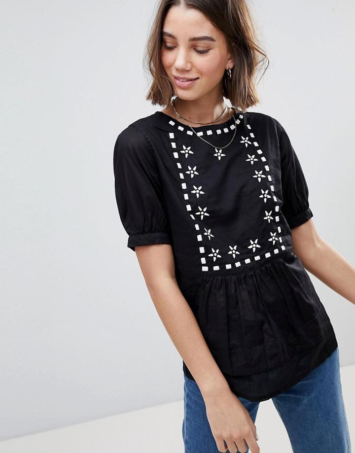 People Tree Smock Top With Embroidery - Black