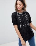 People Tree Smock Top With Embroidery - Black