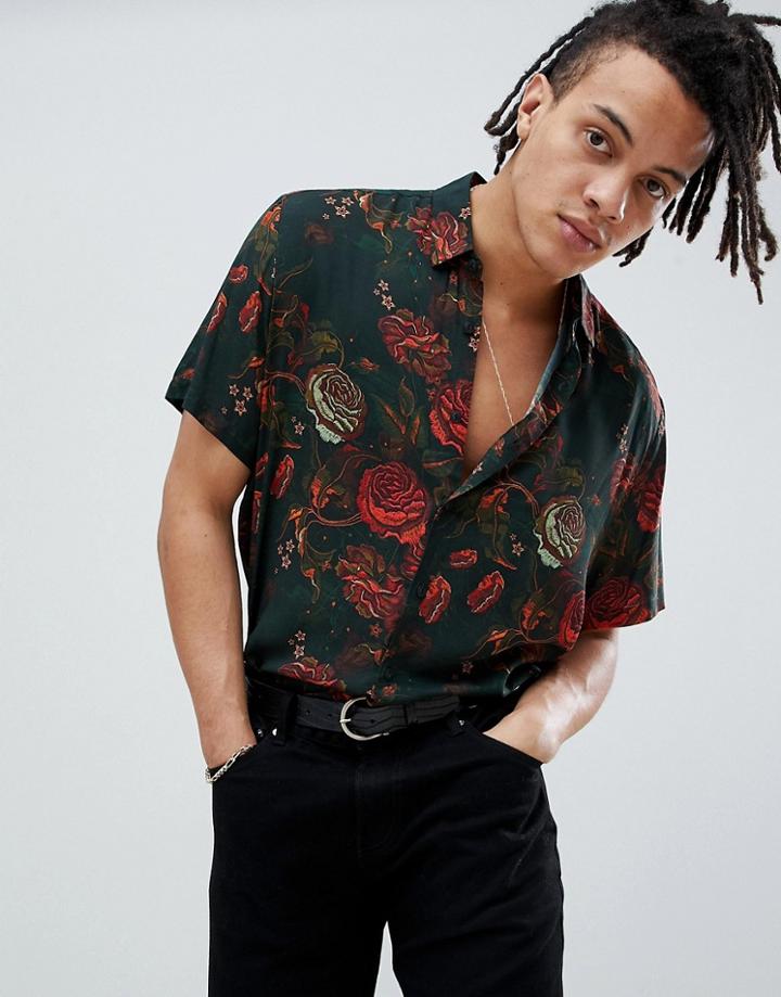 Asos Design Oversized Floral Shirt In Black With Batwing Sleeves - Black