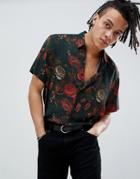 Asos Design Oversized Floral Shirt In Black With Batwing Sleeves - Black
