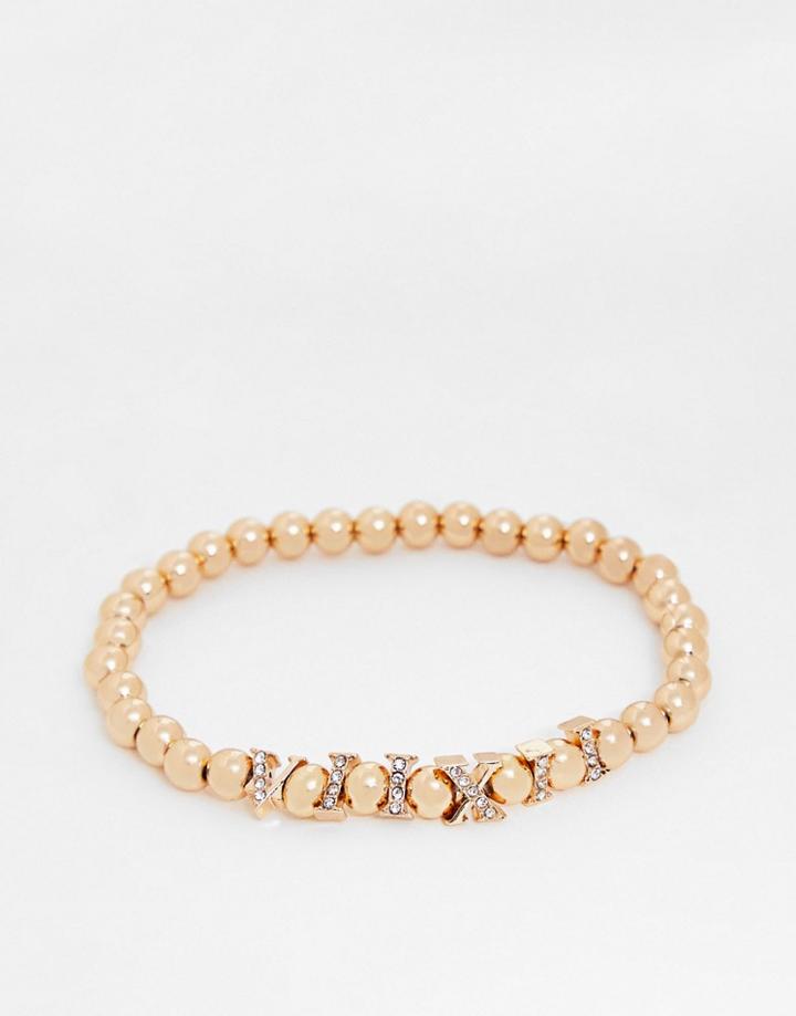 Asos Design Faux Pearl Beaded Bracelet With Roman Numerals In Gold Tone