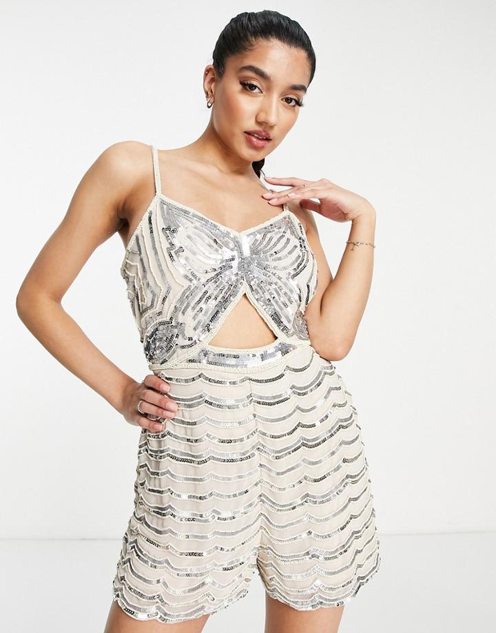 Miss Selfridge Embellished Butterfly Romper In Silver