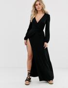 Asos Design Puff Sleeve Wrap Maxi Dress With High Split - Black