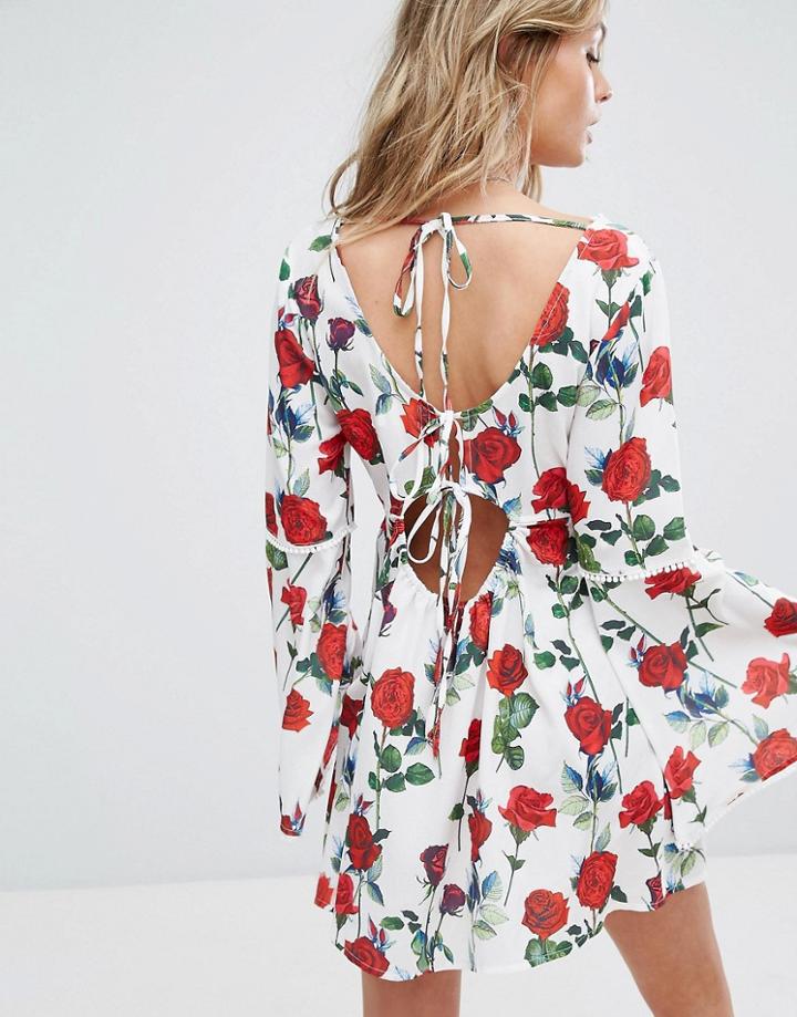 Kiss The Sky Festival Swing Dress With Flared Sleeves And Tie Front In Floral Print - White