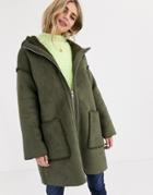 Asos Design Shearling Parka With Seam Detail In Khaki-green