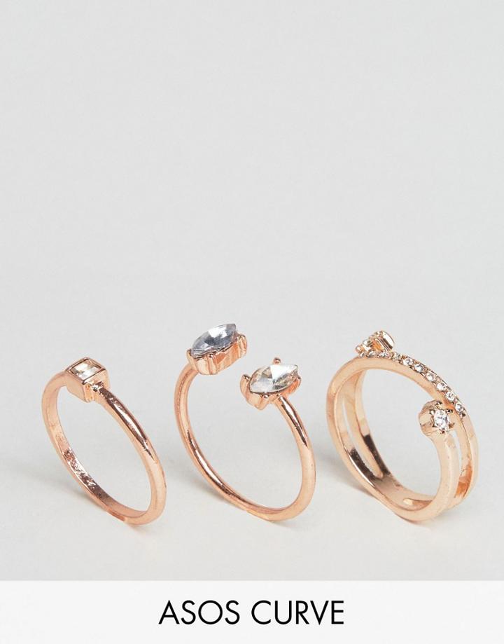 Asos Curve Pack Of 3 Jewel Rings - Copper