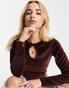 Asos Design Top In Long Sleeve With Keyhole In Velour In Brown