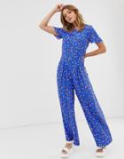 Asos Design Ditsy Floral Tea Jumpsuit With Button Side-multi