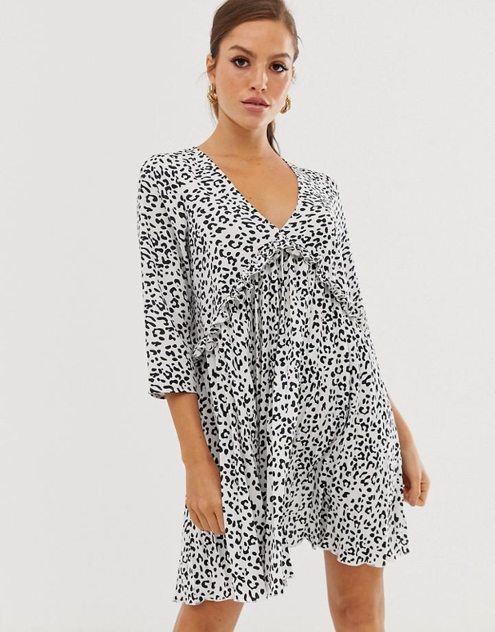 Asos Design Pleated Smock Mini Dress In Mono Leopard Print - Multi
