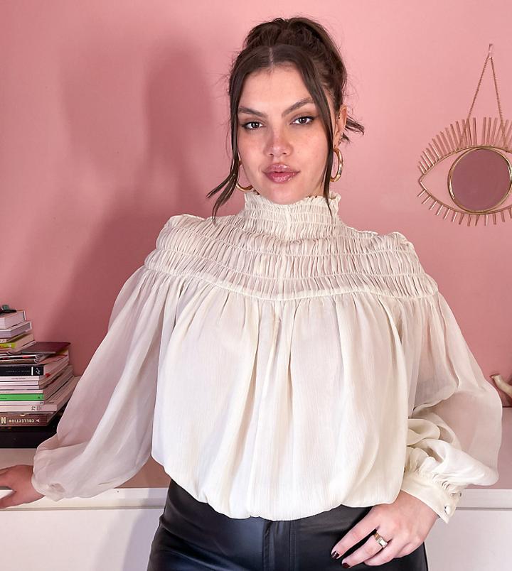 Asos Design Curve High Neck Top With Shirred Neck In Cream-white