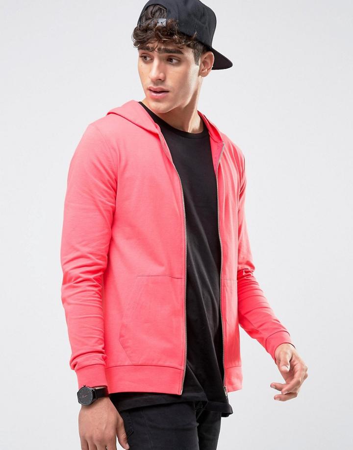 Asos Muscle Zip Up Hoodie In Pink - Pink