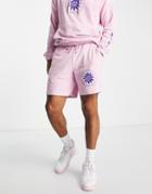 Asos Design Relaxed Terrycloth Shorts With Embroidery Detail In Pink-purple