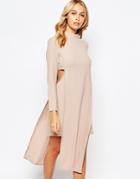 Love High Neck Pencil Dress With Overlay Detail - Camel