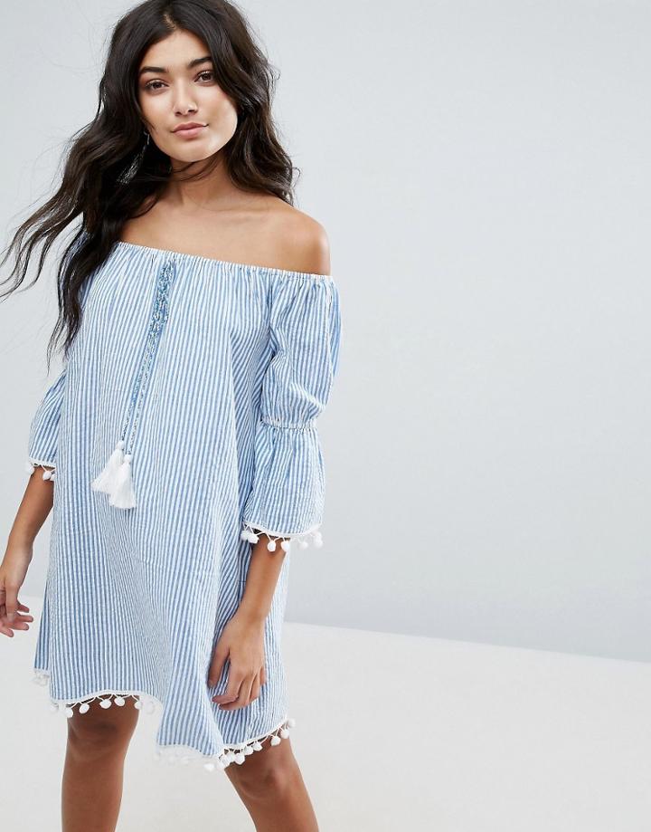 America & Beyond Off Shoulder Stripe Beach Dress - Blue