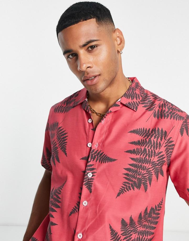 Le Breve Leaf Print Camp Collar Shirt In Coral - Part Of A Set-red
