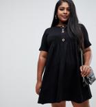 Asos Design Curve Mixed Fabric Mini Smock Dress With Faux Horn Button - Black