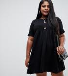 Asos Design Curve Mixed Fabric Mini Smock Dress With Faux Horn Button - Black