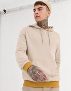 Asos Design Hoodie In Off White With Mustard Rib-beige