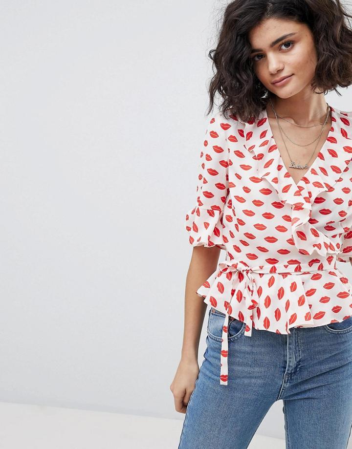 Asos Ruffle Wrap Top In Lip Print - Multi