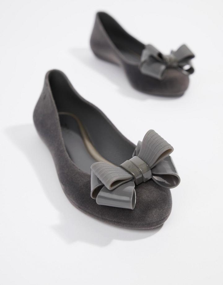 Zaxy Flock Bow Ballerinas - Gray