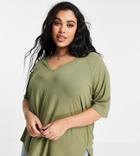 Asos Design Curve Oversized Top With V Neck In Drapey Rib In Olive-green