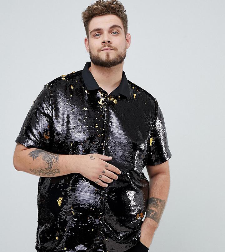 Asos Design Plus Regular Fit Shirt In Gold Reversible Sequin - Multi