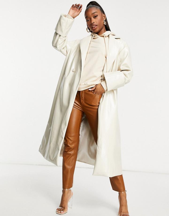 Unique21 Vinyl Belted Overcoat In Cream-blues