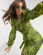 Never Fully Dressed Exclusive Wrap Tie Mini Dress In Green Geo Tile Print
