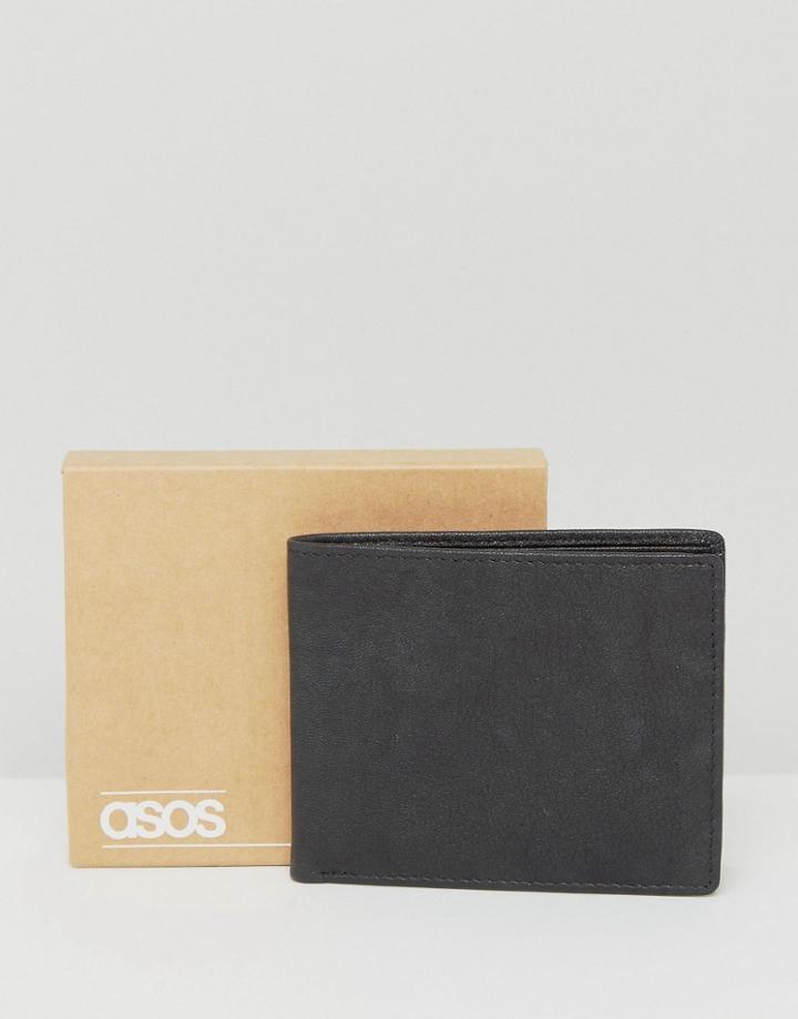 Asos Leather Wallet In Black With Vintage Finish - Black