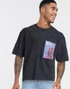 Asos Design Oversized T-shirt With Printed Pocket In Acid Wash With Distressing-black