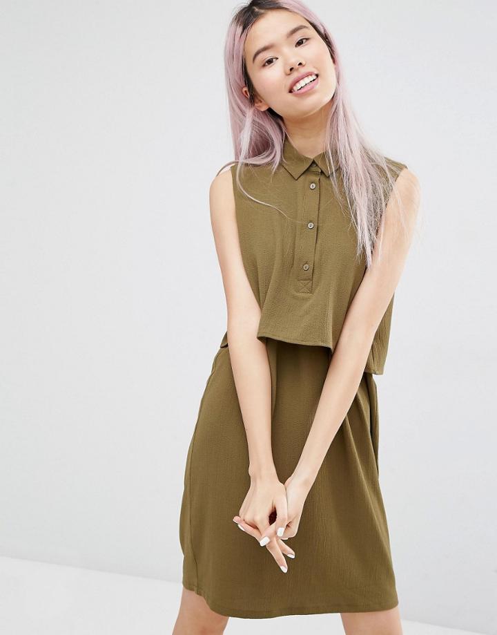 Monki Double Layer Shirt Dress - Green