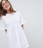 Asos Design Petite Cotton Slubby Frill Sleeve Smock Dress - White