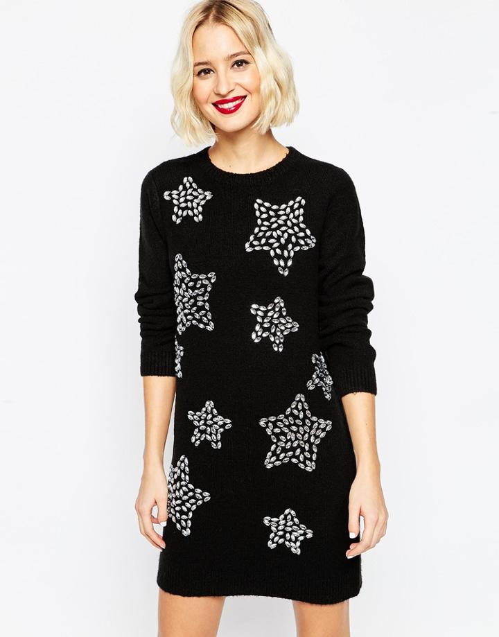 Asos Holidays Sweater Dress With Embellished Stars - Black