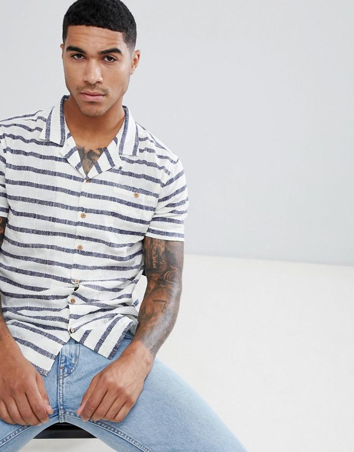 Soul Star Short Sleeve Striped Shirt With Revere Collar - White