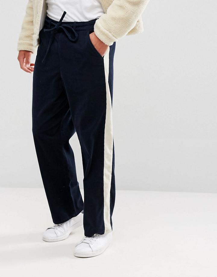 Asos Wide Pants In Navy Cord With Side Stripe - Navy