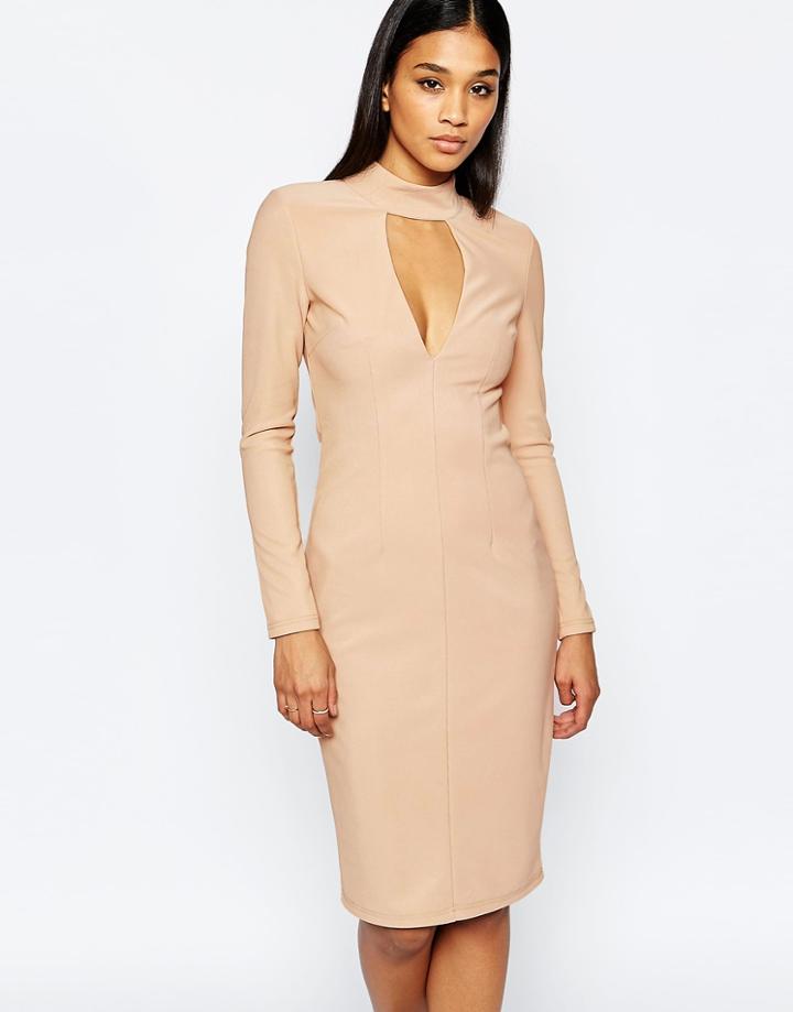 Rare London Plunge High Neck Body-conscious Dress - Nude