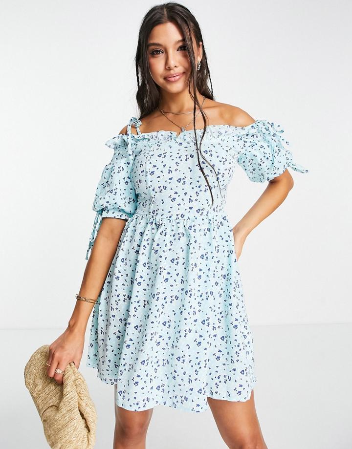 Naanaa Cold Shoulder Mini Dress In Blue Floral